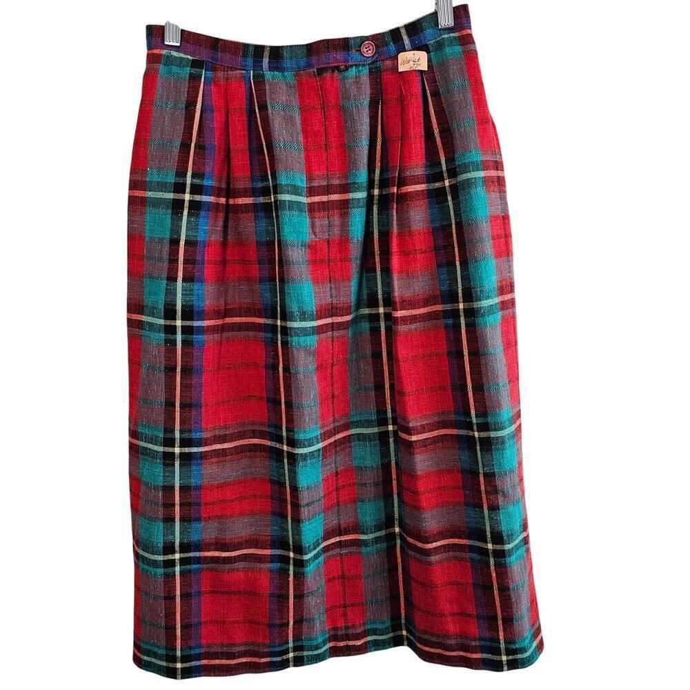 Vintage Plaid Skirt Womens SM Red 80s Midi Linen Preppy Academia Twee Christmas
